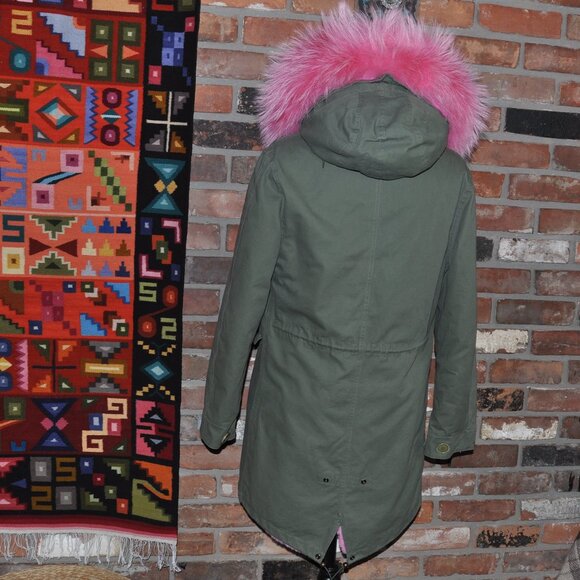 Green Parka Pink Raccoon Fur Trim, Faux Fur Lining M - Picture 7 of 14